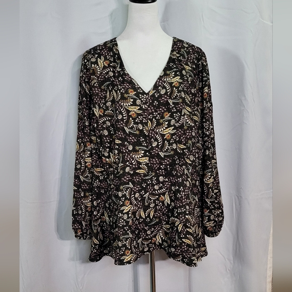 Lane Bryant Women's Black Metallic Babydoll Floral Long Sleeve Blouse Size 22 - Picture 2 of 12
